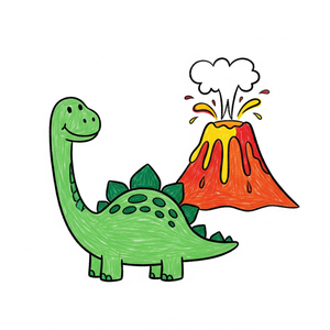 Dinosaur with a Friendly Volcano Erupting in the Back